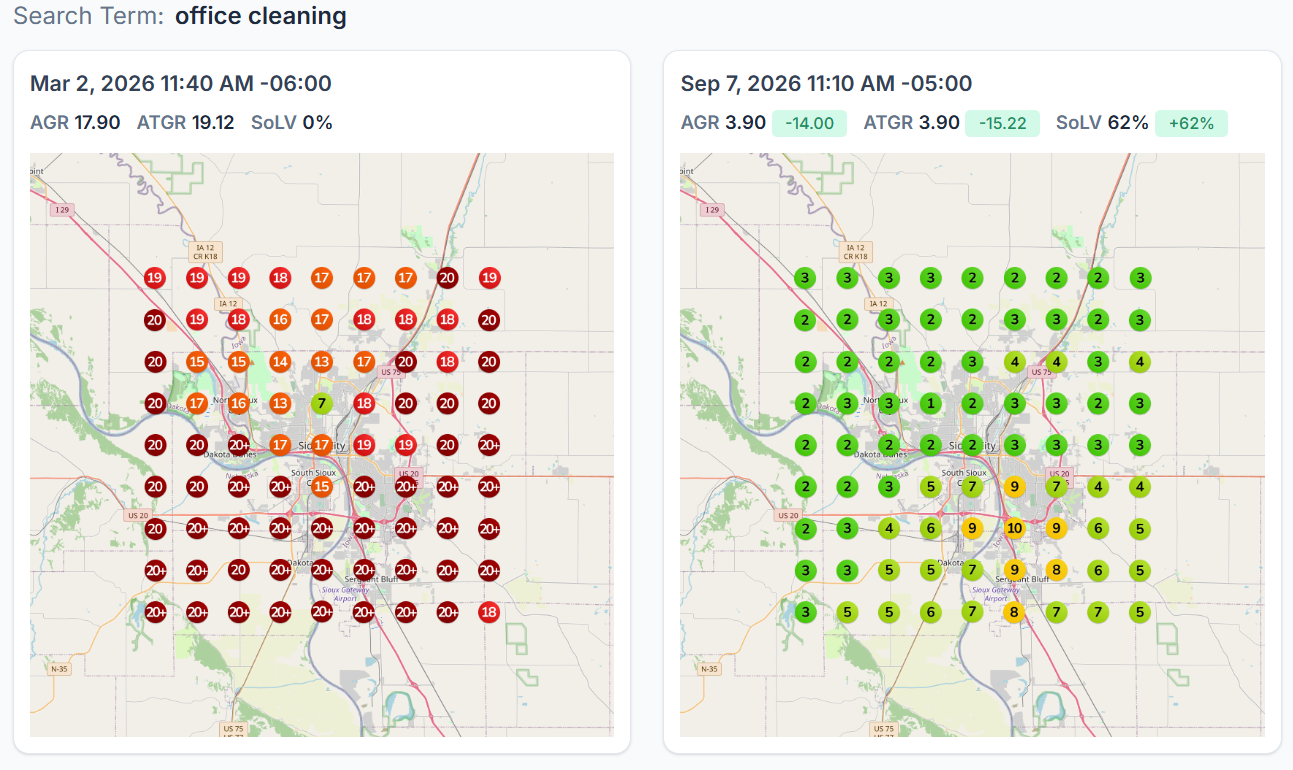 office-cleaning-local-seo-before-after Before-and-after Google Maps ranking grids for office cleaning, March 2 and September 7, 2026.