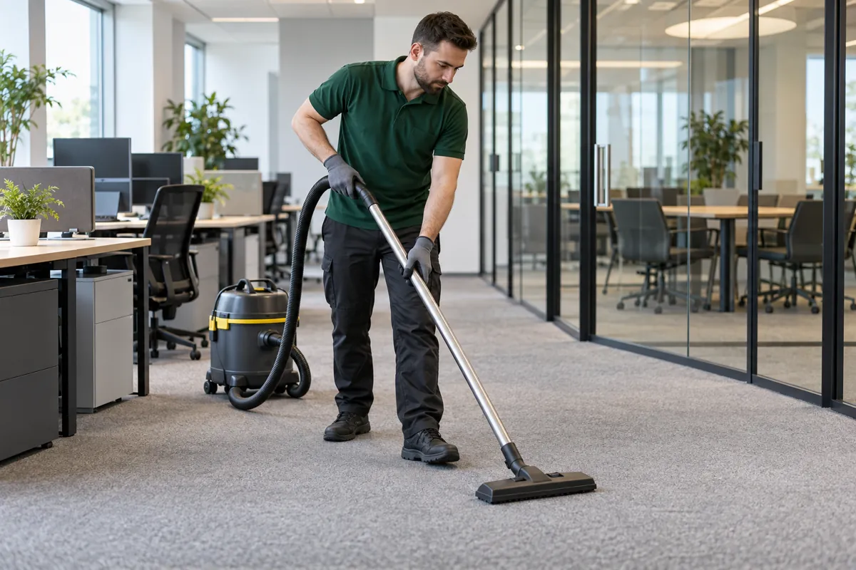 Commercial cleaner vacuuming carpet in an office with desks and glass meeting rooms.