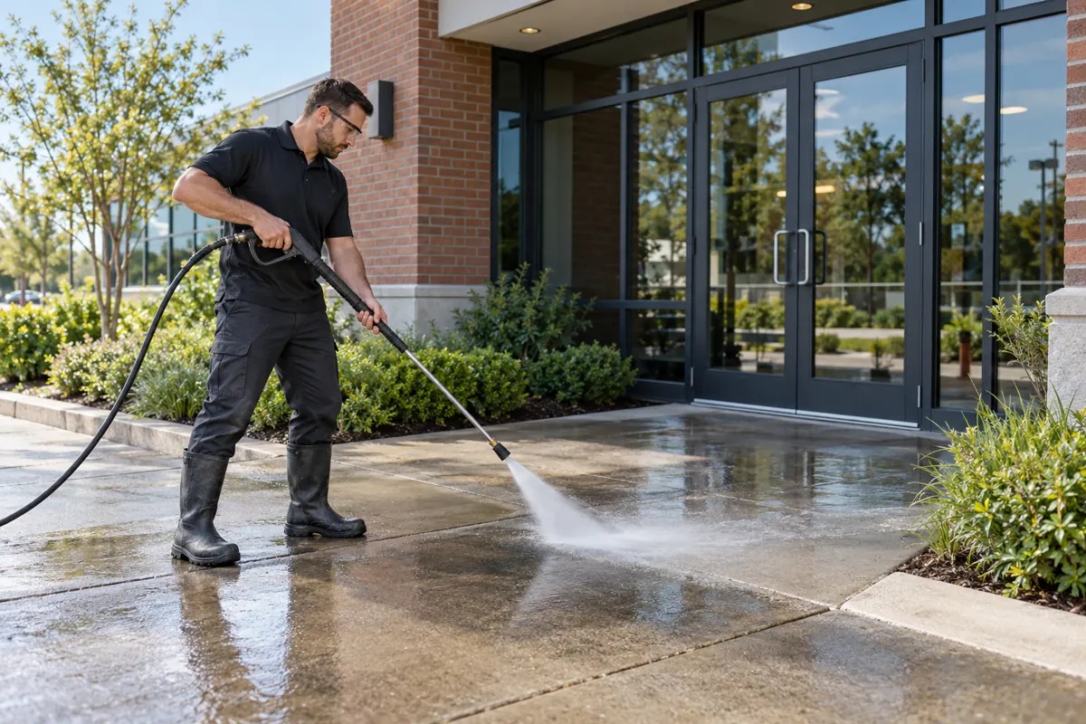 Worker pressure washing a concrete walkway outside a commercial building.