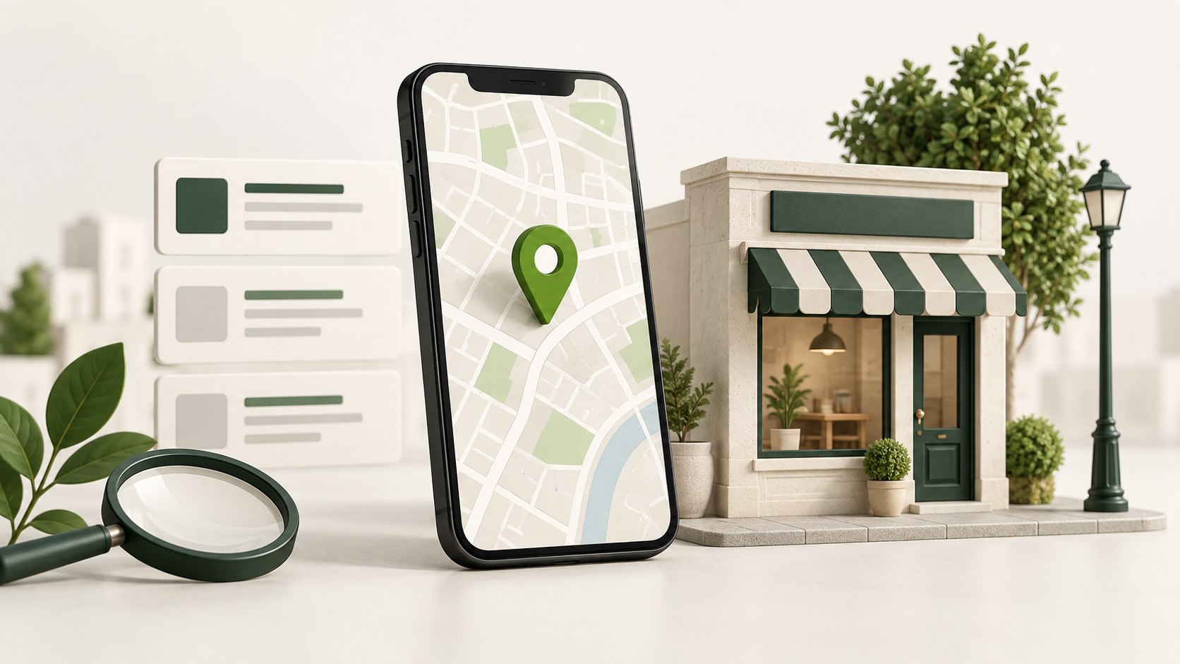 Illustration of a local storefront beside a phone map and search results.