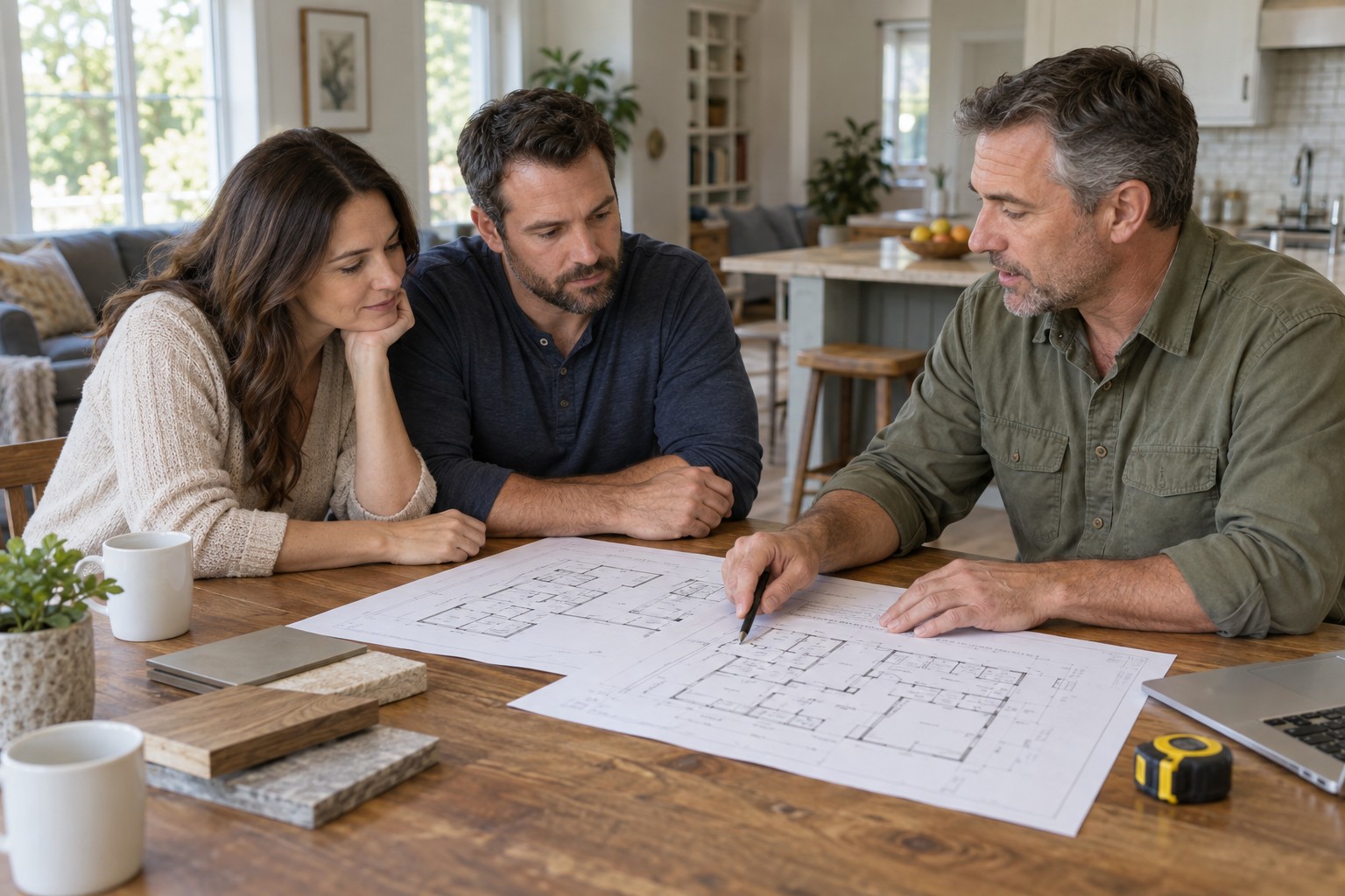 Home improvement contractor reviewing renovation plans with homeowners at a table.