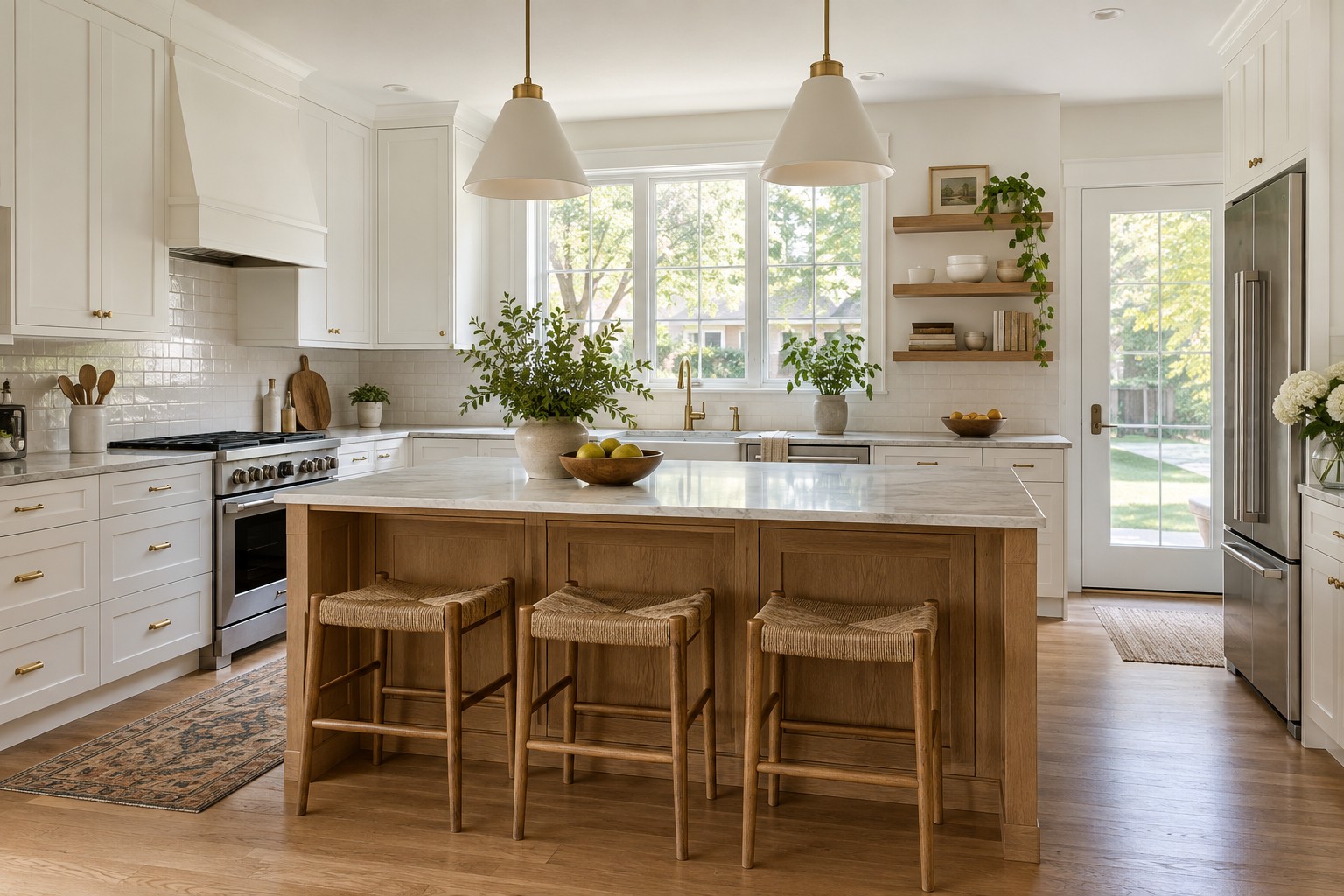 Renovated kitchen with white cabinetry, a wood island, and natural light.