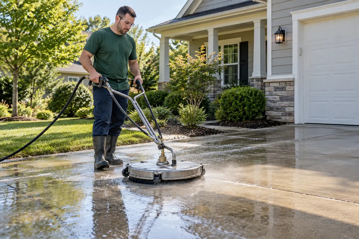 Exterior cleaner using a circular surface cleaner on a residential concrete driveway.