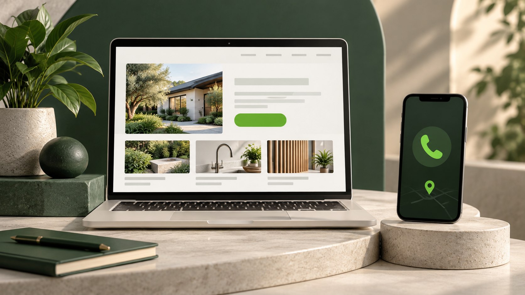 Illustration of a clear service website on a laptop beside a phone contact icon.